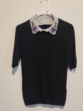 Hallhuber Black Top with Removable Jeweled Statement Collar L